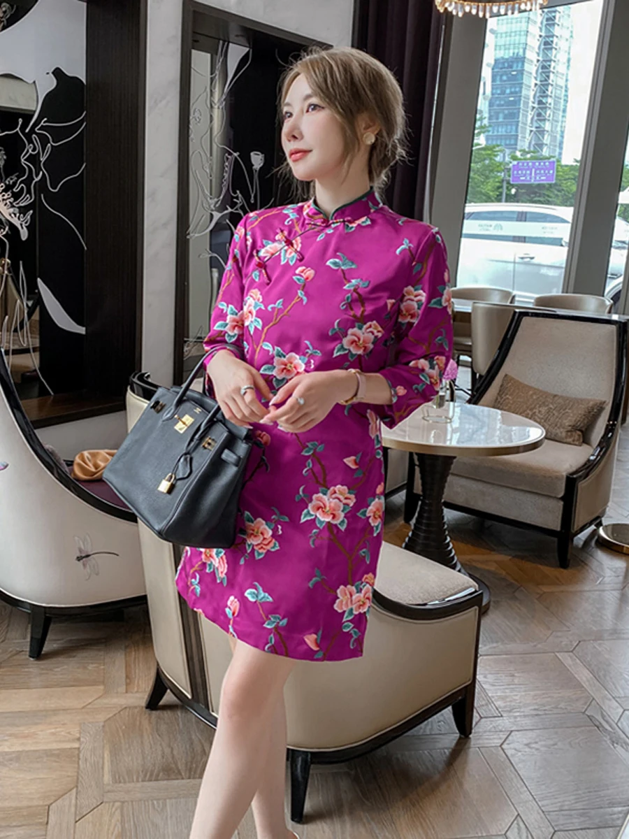 

New Chinese Sle Slimming Qipao Dr Eastern Fairy Silk Embroidery Modified Version ort Qipao Skirt for Women