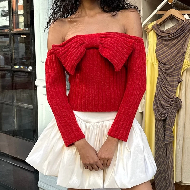 

Женский винтажный свитер с открытыми плечами, однотонный бант, повседневные вязаные джемперы с длинными рукавами, топы, пуловеры Fairy Coquette, рубашки