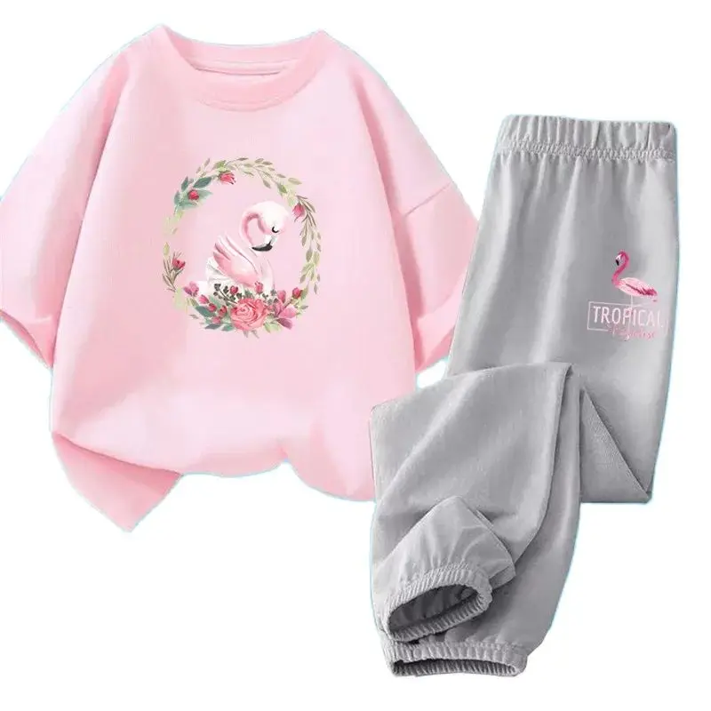 Girls Summer Clothes Set Kids Short Sleeve Flamingo Swan t-shirt+ anti-mosquito pants 2pcs Set Children Cartoon Tracksuits