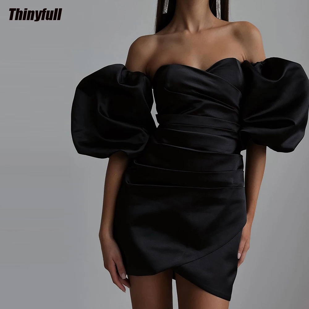 

Thinyfull Short Mermaid Evening Party Dresses Detachable Sleeves Satin Prom Dress Birthday Formal Occasion Gown Robe De Soirée