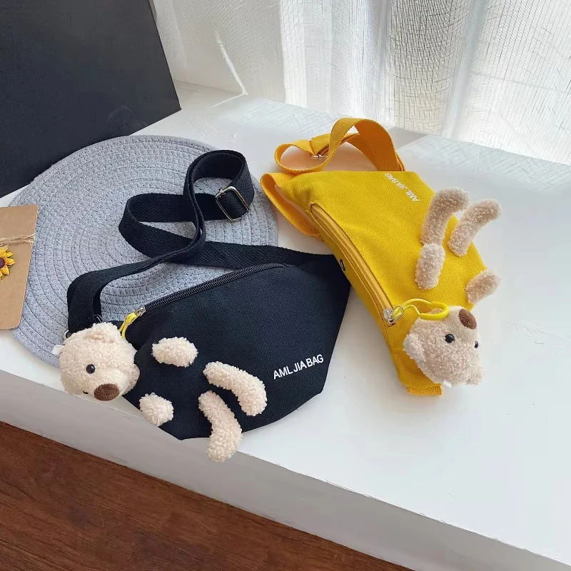 New Women's Cute Bear Waist Bag Canvas Belt Bags Designer Crossbody Chest Bag Female Solid Fanny Pack Banana Hip Purse