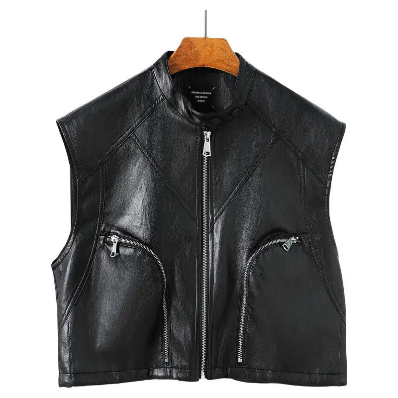 Colete de Couro PU com Gola Alta para o Outono, Novo Estilo, Jaqueta Sem Mangas Feminina