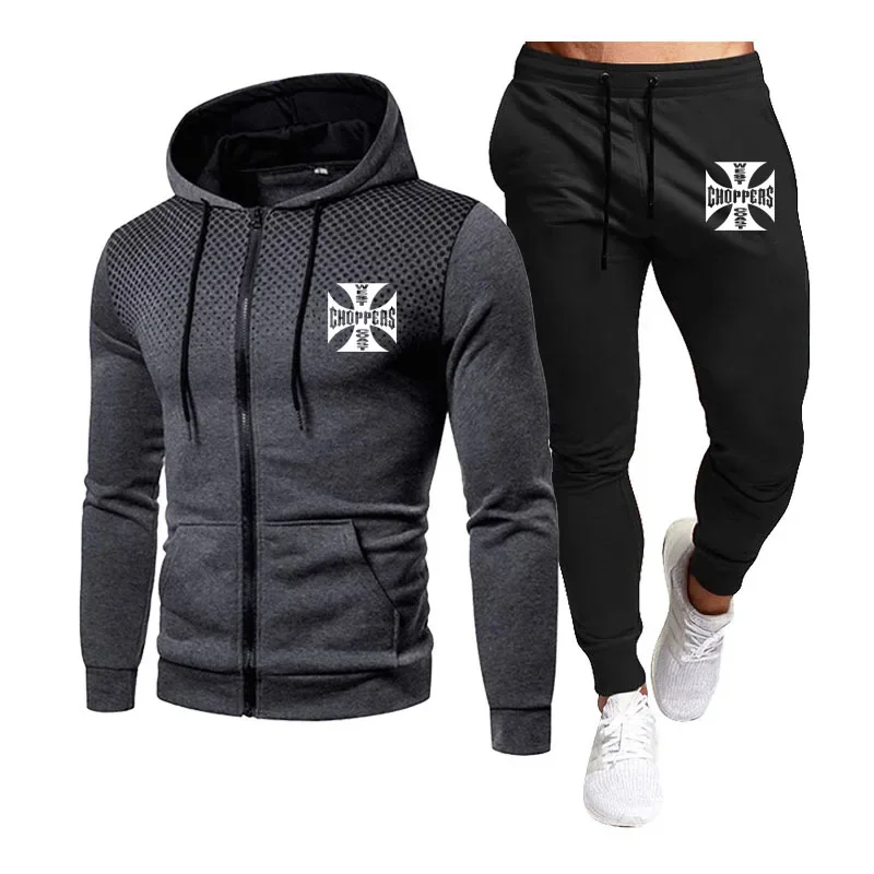 West Coast Chopper Logo Animation Print High Quality Sports Pants + Jacket Suit New Cotton Trend Men\'s Hooded Jacket Set