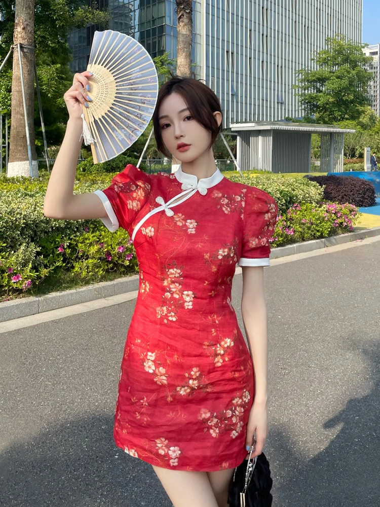 

Красное льняное платье с принтом для женщин, летнее, новое, в китайском национальном стиле, улучшенное, с завышенной талией, фасон «баллон»