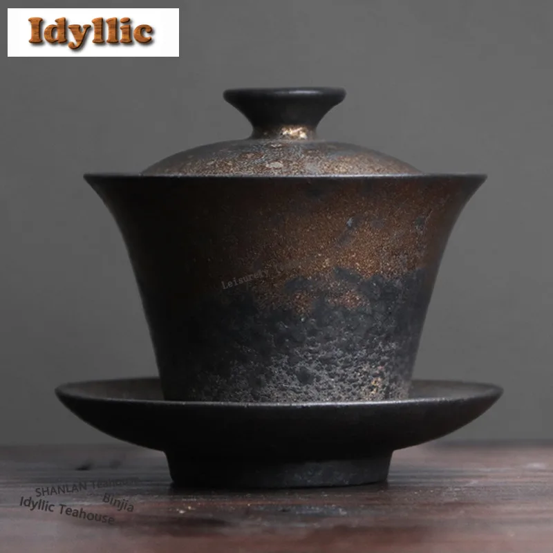 

150ml Kiln Fambe Black Gold Sancai Gaiwan Boutique Anti-scald Tea Tureen Tea Bowl With Lid Kit Tea Making Cover Bowl Cafes Gift