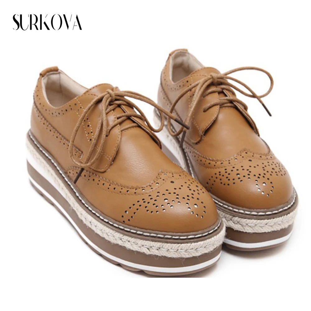 Round Toe Platform Women Brogues Sewing Thread Hollow Craft Designer Women's Shoes All-Match Heightening New Style Casual Shoes