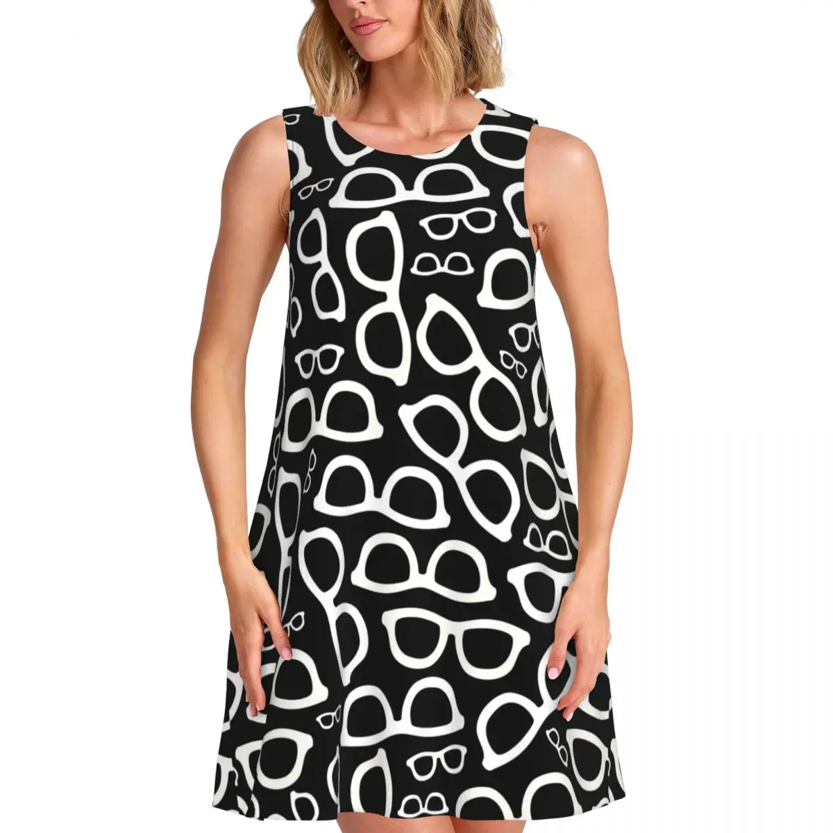 Smart Glasses Tank Dress White And Black Sleeveless Boho Dresses Women O Neck Aesthetic Dress Summer Print Vestidos Gift Idea