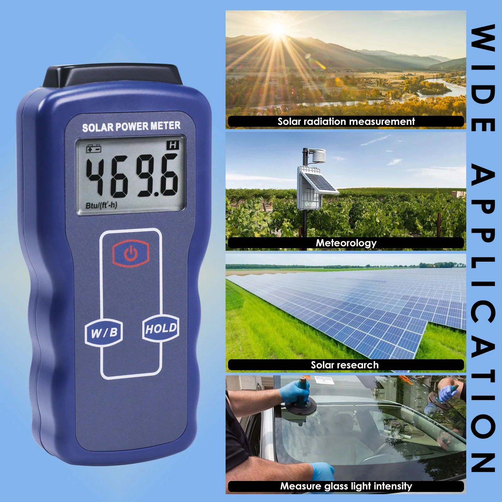 Digital Light Solar Radiation Meter Data Hold Function Selectable Unit 0.1~1999.9W/m2 Range Solar Energy Research Meteorology