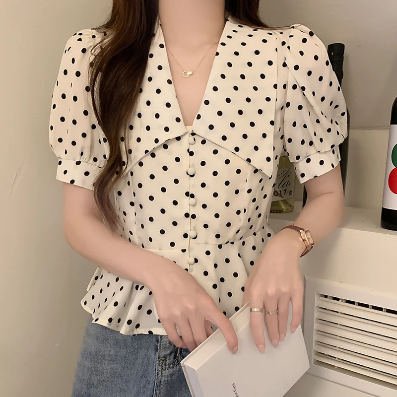 

plus Size Polka Dot Bubble Sve irt Women's Summer Design Sensation Fat Sister Retro Slimming Top Korean Sle Loos...