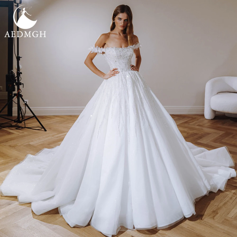 Aedmgh A-Line Glitter Abiti da sposa Sweetheart con spalle scoperte Robe De Mariee Abito da sposa elegante su misura con perline in pizzo