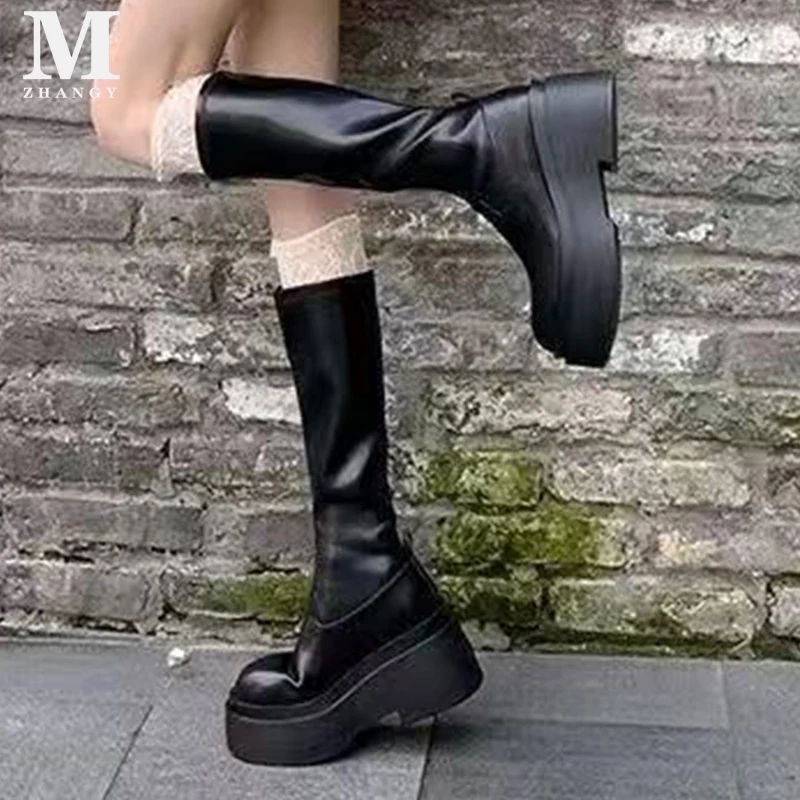 Bottes hautes en cuir à plateforme pour femmes, talons hauts, chaussures de moto mi-mollet, mode de créateur, nouvelle marque tendance, hiver 2025