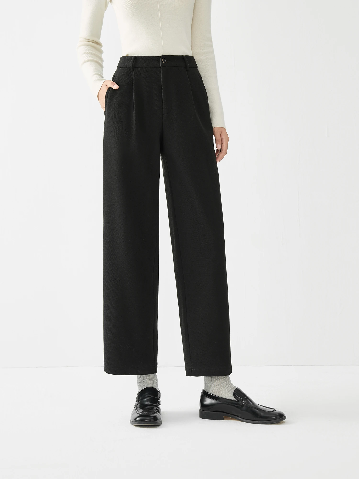 FSLE【2 Colors】Women Winter Pants Thicken Beige Cropped Trousers 2.2% Wool Blended Back Elastic Waist Black Winter Pant 24FS14688