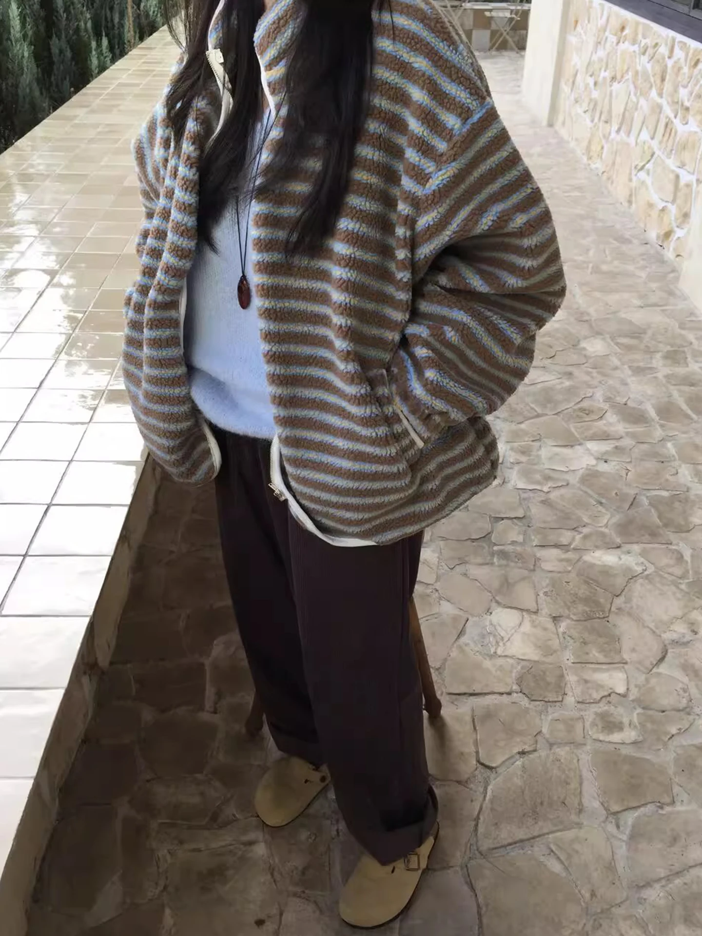 الرجعية مكافحة الشيخوخة اللون بلو تقليم فرو الضأن القطن Jaet المرأة فضفاضة الشتاء الدافئ ملابس خارجية طويلة Sve سستة إغلاق #5