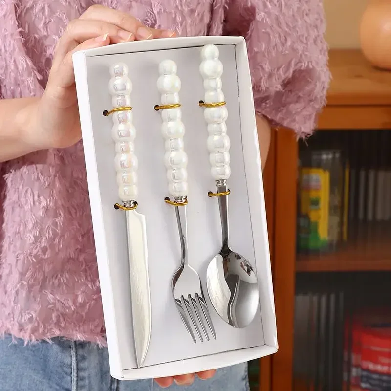3/5pcs Light Luxury Knife Fork Spoon Dinnerware Set Stainless Steel Colorful Pearl Cutlery for Household Kitchen Tableware Kit