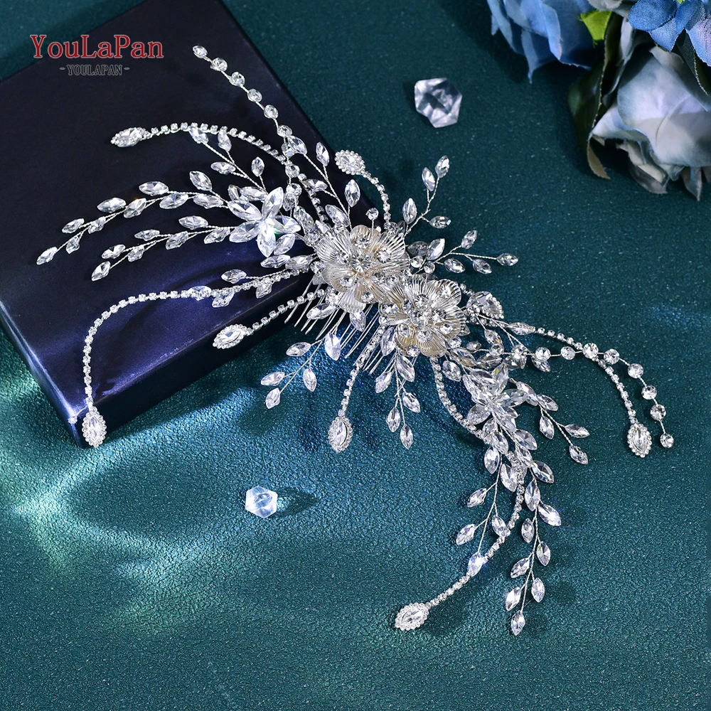 YoulaPan-Rhinestone Flor Pente De Cabelo para A Noiva, Casamento Festa Headwear, Bridal Acessórios, Ornamentos para Damas De Noiva Presente, Cor Prata, HP707