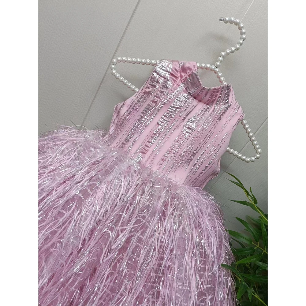 Elegant Pink Flower Girls Dresses with Feather 2024 Summer Sleeveless Christmas Dresses for Princess New فستان عيد الميلاد