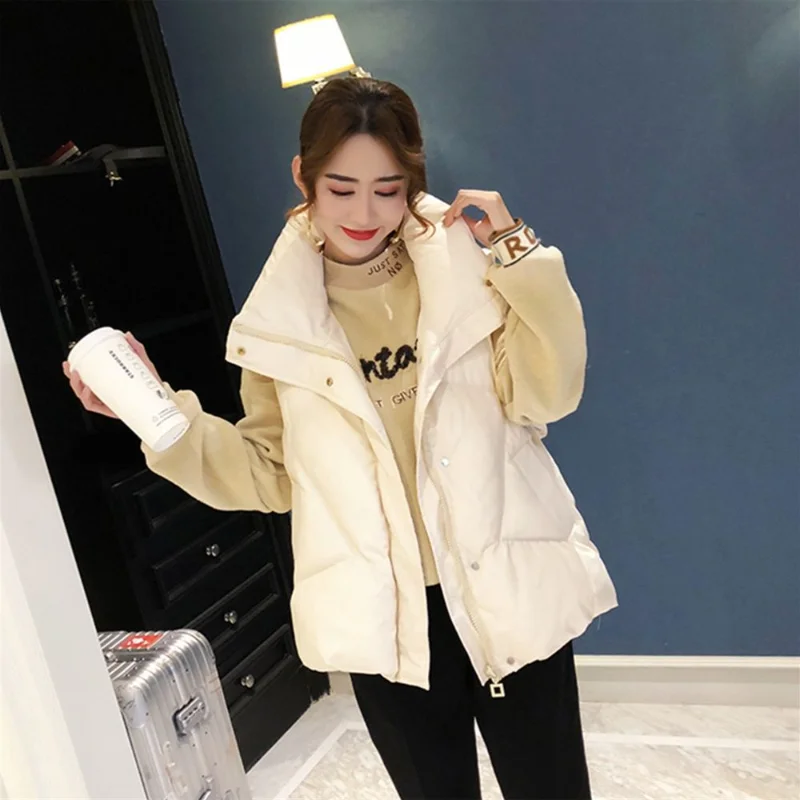 

Short Loose Sleeveless Down Cotton Vest Women Beige Stand Collar Light Thin 2024 winter Korean Autumn Outwear Waistcoat Q368