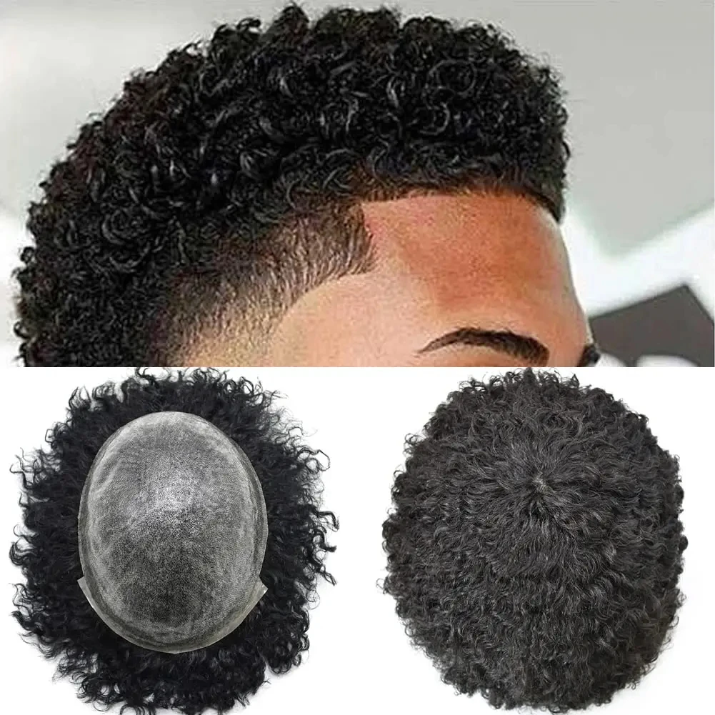 

Men Toupee 100% Human Hair Curly Hair Full PU Base Afro Texture Hair System For Black Men Glueless Wig