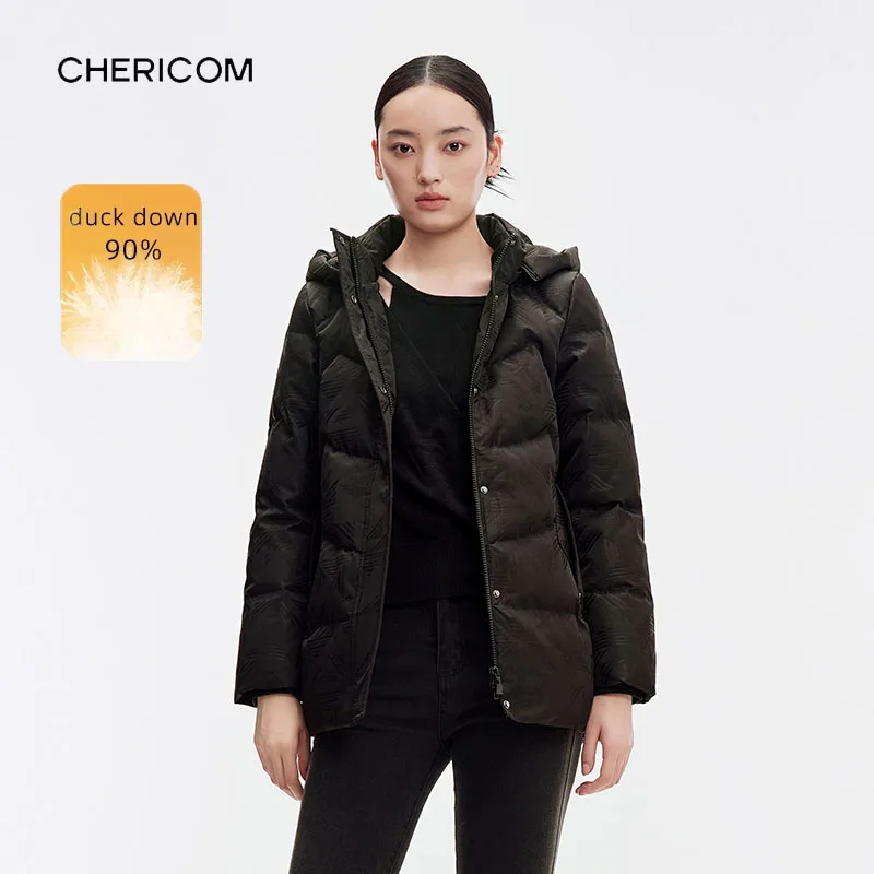 Chericom レディース ブラック フード付きダウンジャケット ジャカードパターン 暖かいパファージャケット ショート 冬の必需品 ジッパーパファージャケット Y299300Y