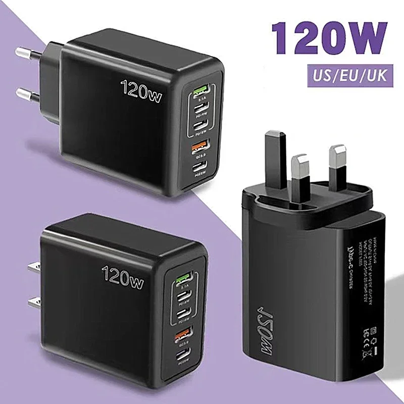 120W Mobile Fast Charging Head Type-C European, American and British PD+USB Multi Port Adapter Tablet Charger