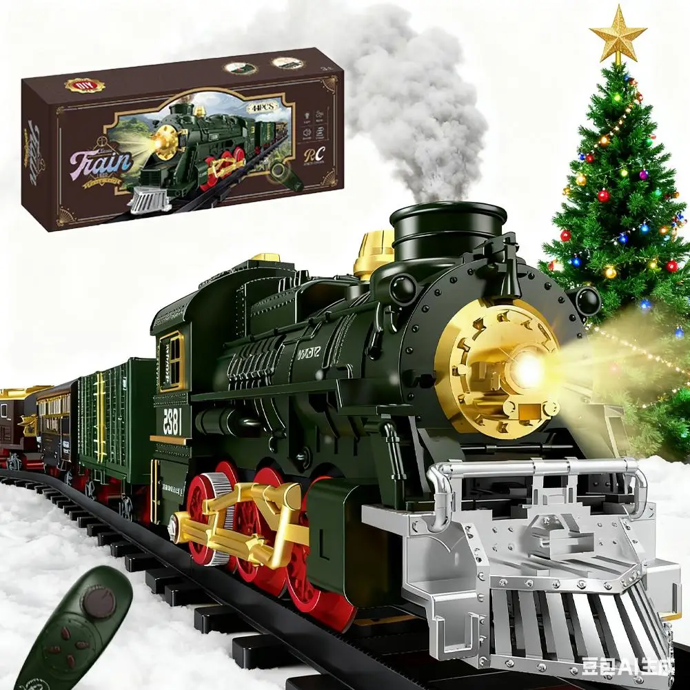 42 Pcs Christmas Train Set with Steam Spray Remote Control Realistic Sound Track Holiday Decor Kids Gift