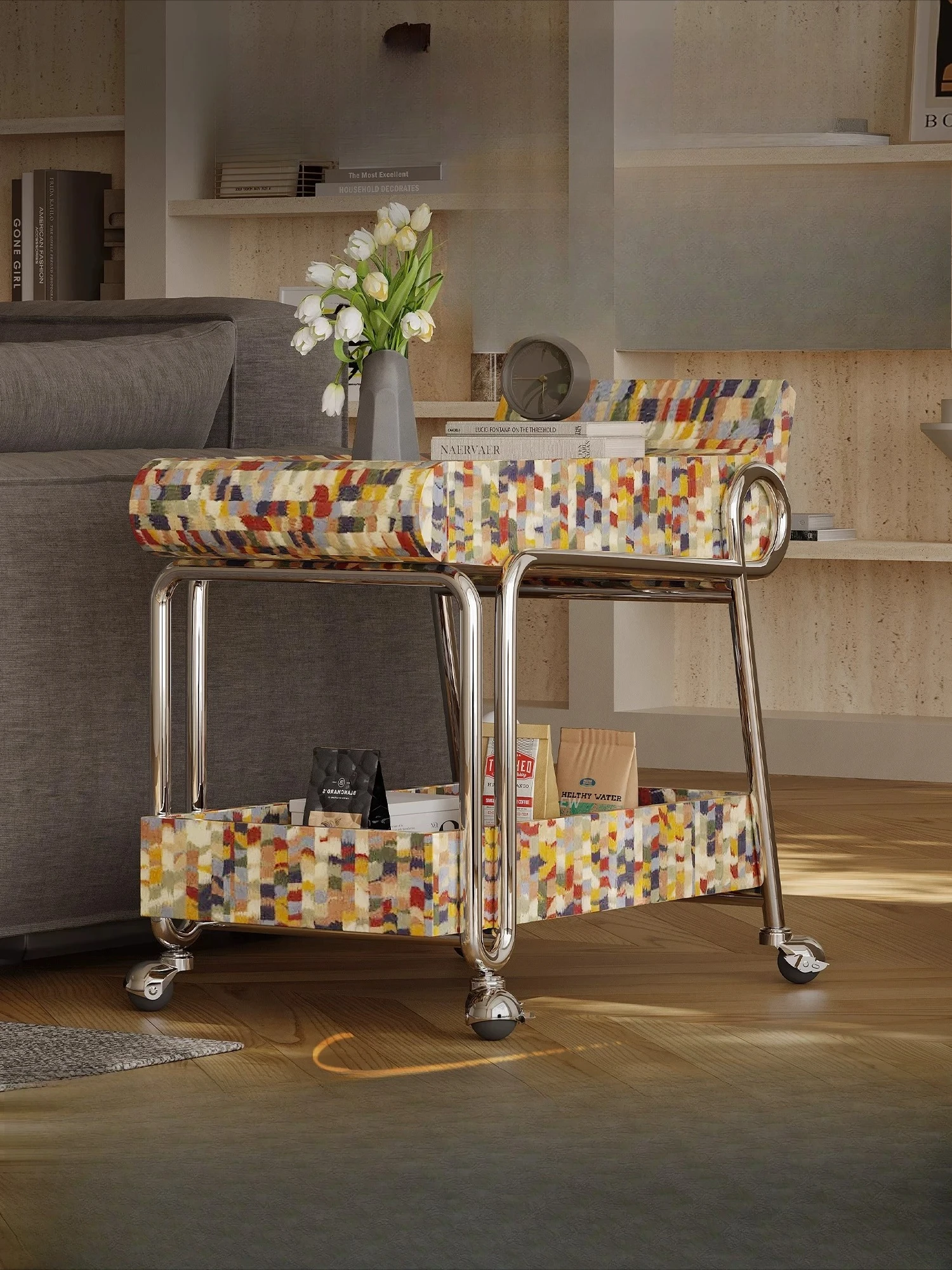 Removable retro creative living room storage stainless steel light luxury trolley side few