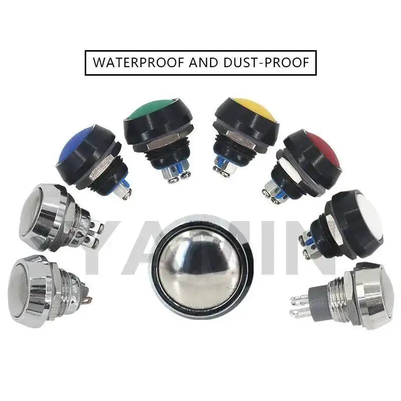 12mm Push Button Switch Waterproof Momentary Reset Round Head Silver / Black Start-up Ball Shape Welding/Screws Pin
