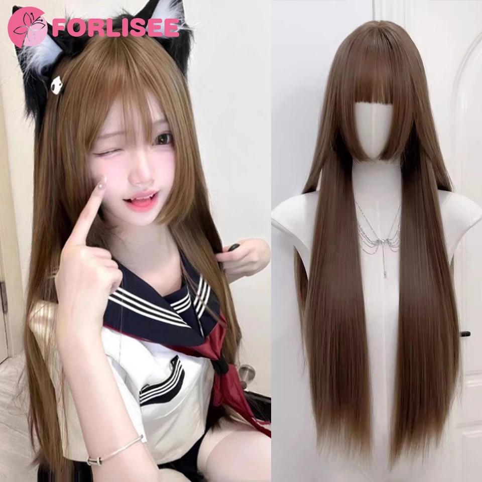 

32Inch Honey Tea Flax Synthetic Wigs With Bang Long Natural Straight Hair Wig for Women Hime Cut Cosplay Heat Resistant