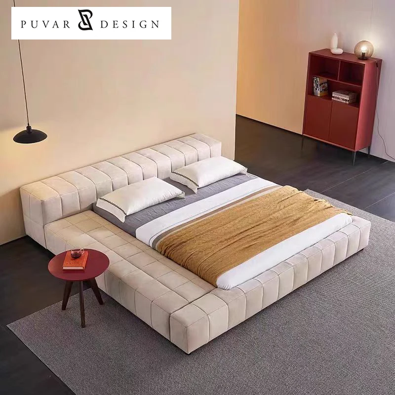 Italian Modern Minimalist White Fabric Double King Size Bed High Quality Block Tatami Bed With Wooden Frame Soft For Home Hotel