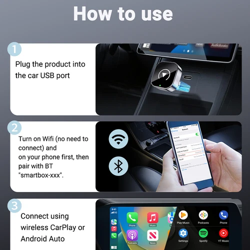 Imagen 2 del producto Nuevo Mini adaptador inalámbrico CarPlay y Android Auto 2 en 1, WiFi de 5GHz, caja inteligente Plug and Play tipo C/USB para accesorios de coche Dongle