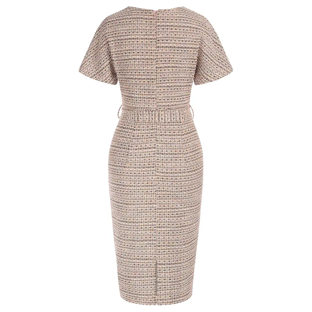 Women Short Sleeve Back Slit Dress With Belt Ol Ladies Crew Neck Bodycon Dress Vintage Tweed Dress Slim Fit Knee Length Dress