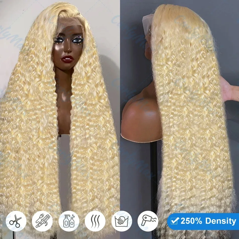 Perruque Lace Front Wig Deep Wave Brésilienne Naturelle, Cheveux Bouclés, Blond Miel 200, 13x4, 13x6, 30 Pouces, Densité 613, pour Femme Africaine