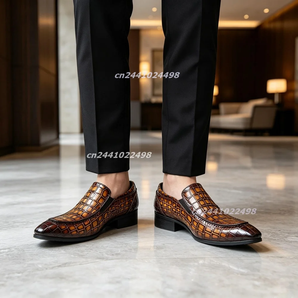 Gentlemen Shiny Crocodile Pattern Slip on Loafer Shoes, Perforated Point Toe Formal Dress Footwear, Vintage Elegant Shoes
