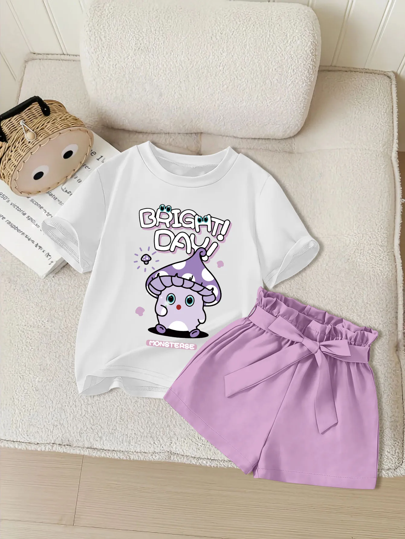 

2 предмета: милые и повседневные летние шорты с круглым вырезом и короткими рукавами для девочек, комплект с бантом и мультяшными грибными принтами