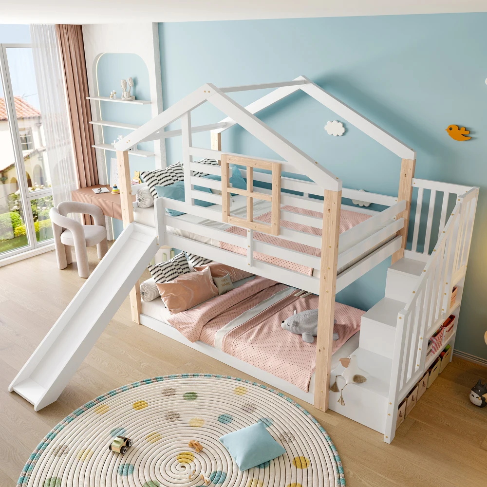 Lit superposé scandinave en bois pour enfants avec toboggan et escalier de rangement, cadre de lit pour enfants certifié EN 747, garde-corps de sécurité, compartiments de rangement intégrés, lit double gain de place idéal pour chambre partagée entre frères et sœurs, mobilier pour tout-petits, adolescents, maison, appartement