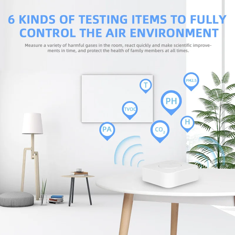 Tuya Intelligent WiFi/Zigbee Six in One Air Steward Detector PM2.5 Formaldehyde VOC Temperature and Humidity CO2 Remote Alarm