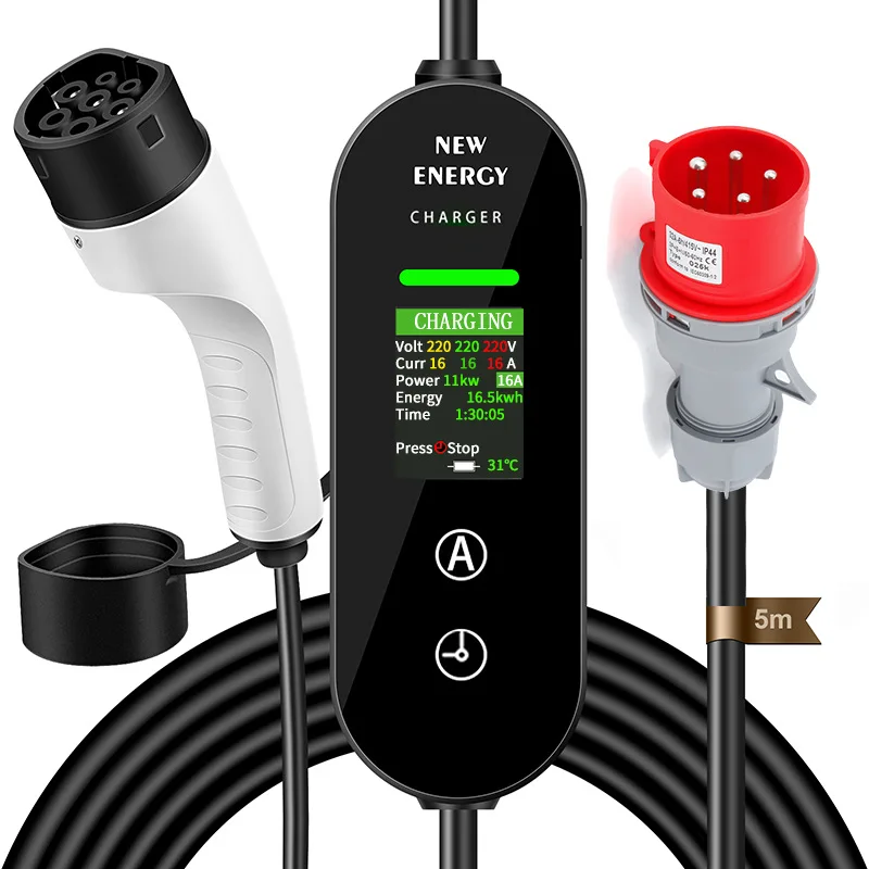 TYPE 2 GBT Portable EV Charger 11KW 16A Adjustable CEE Plug 5M Cable Timing Charging Complete with Wall Mount Storage Kit