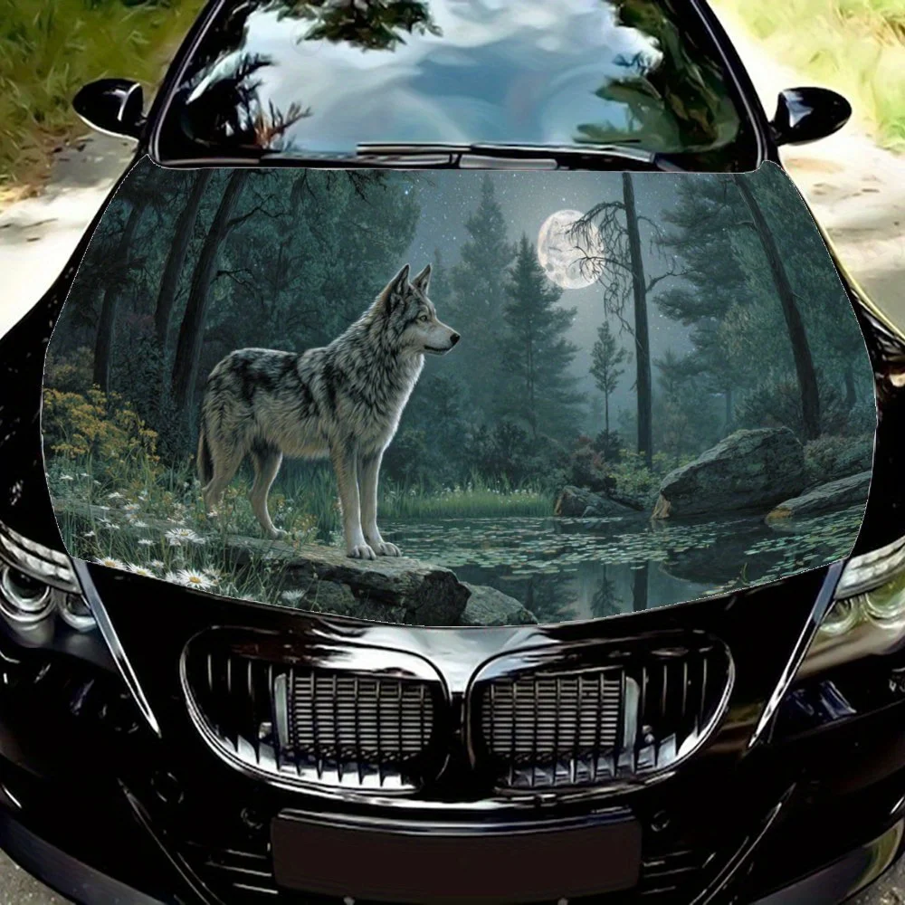 

Gray wolf in moonlit forest by quiet stream car hood vinyl wraps sticker,auto exterior protective sticker,waterproof self-adhesi