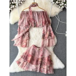 Holiday Ruffles Beach Skirts Suit Women Fashion Off Shoulder Floral Chiffon Tops High Waist Mini Skirt Womens Two Peice Sets