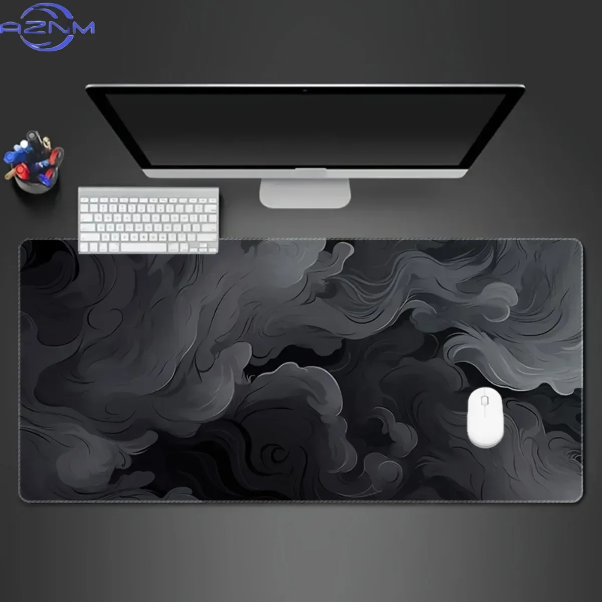 Grey Smoke Swirl Abstract Fluid Large Mouse Pad, Monochrome Ink Cloud Texture Waterproof Rubber Base Minimalist Office Gaming De