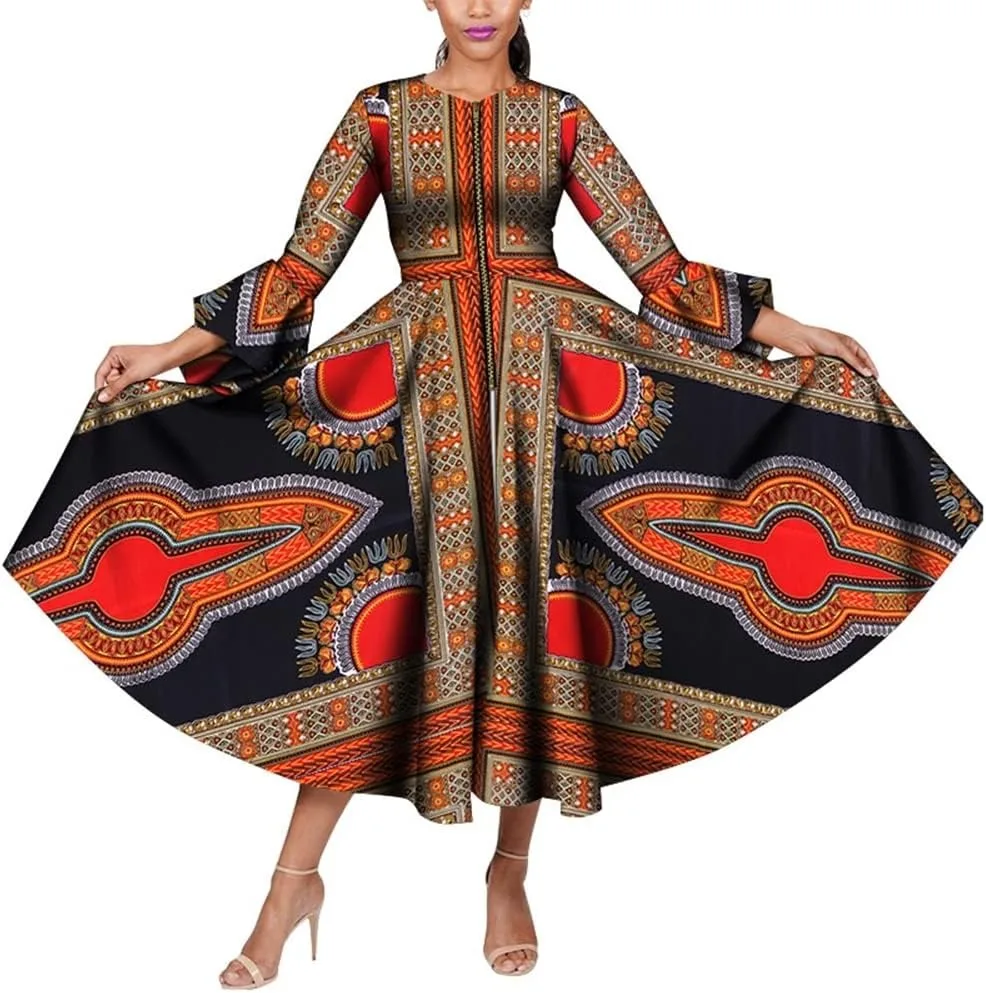 

African Clothes for Women Wax Print Ankara Long Sleeve Bazin Women Dresses Plus Size African Women Clothing WY8812