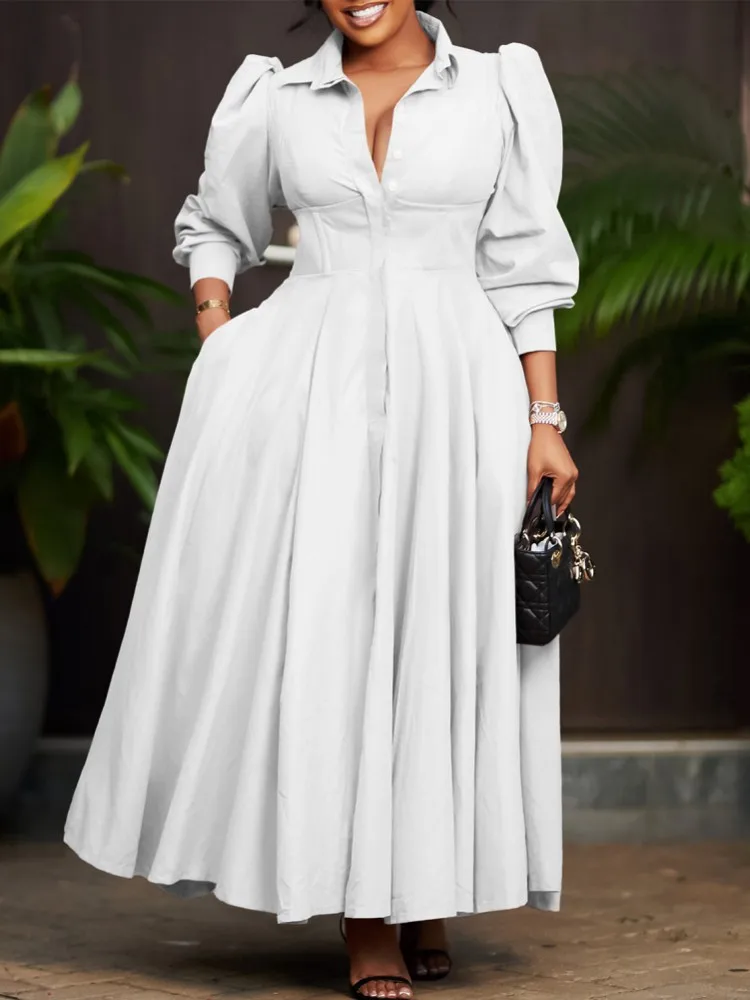 Women Spring Dress Ladies Casual Plus Size Slim Office Dress Retro Elegant V-Neck High Waist White Long Sleeve Party Dress