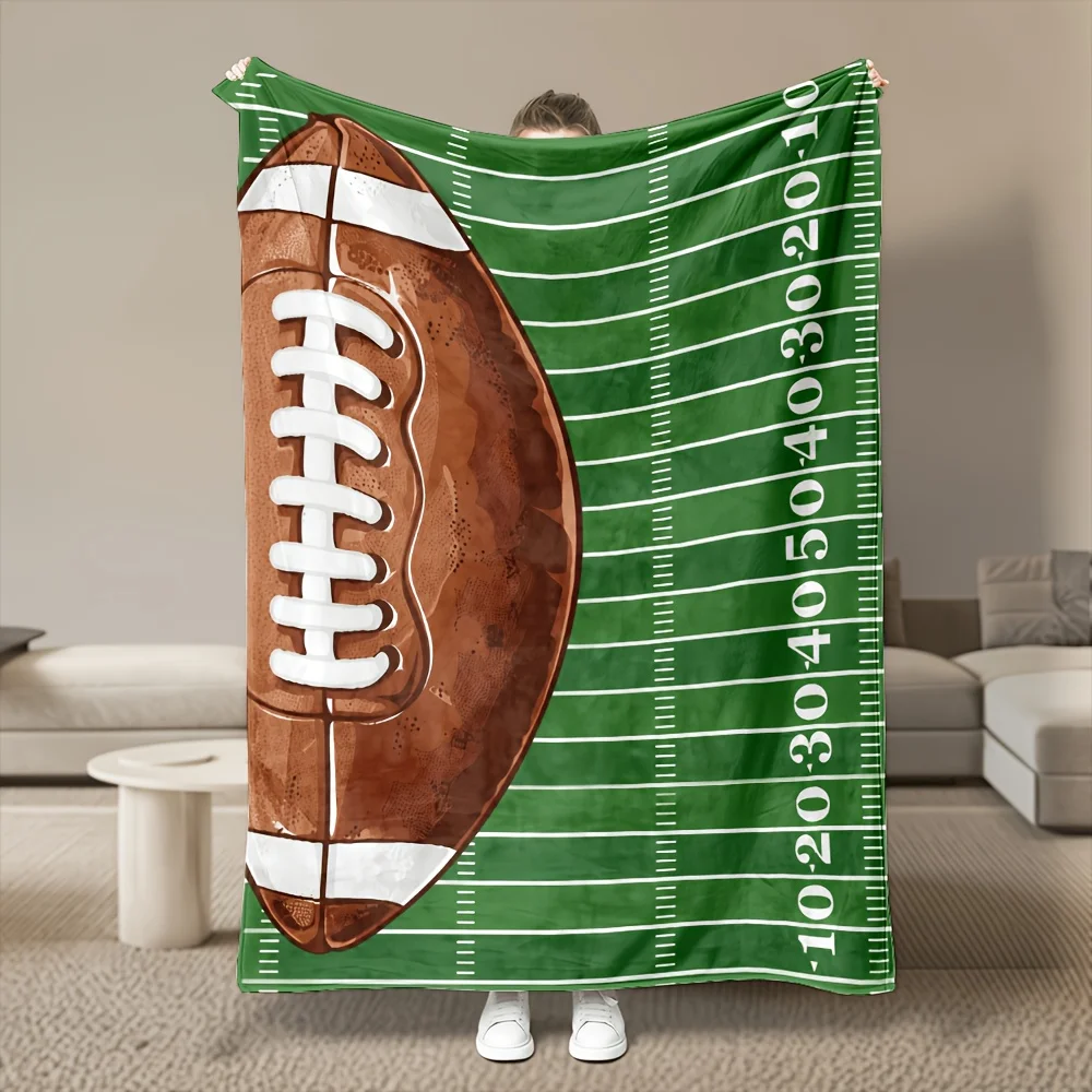 1pc Football Field Numbers Text Printed 280GSM Thick Flannel Throw Blanket, Skin-Friendly Soft Touch, Multi-Size, Machine Washable, All Season Use for Bedroom, Sofa, Office Nap, Dorm, Car Camping, Warm Winter Decor Gift Choice