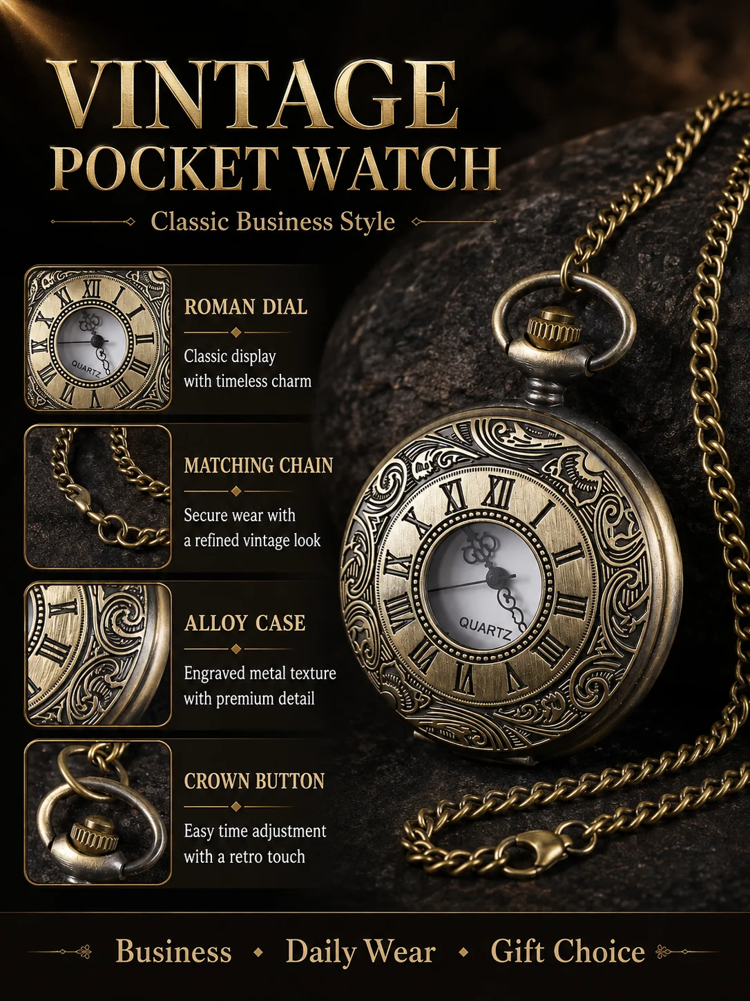 Antique Carved Hollow Pocket Watch Roman Numeral Dial Quartz Flip Watch With Chain Steampunk Accessory