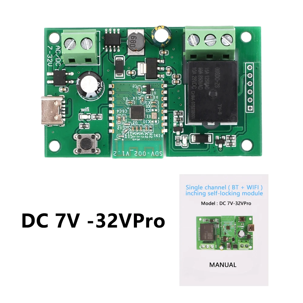 DC5V 7-32V Pro 1 Channel WIFI Bluetooth Relay Switch Module Compatible With eWelink APP Type-C Inching Self-Locking Swith Module