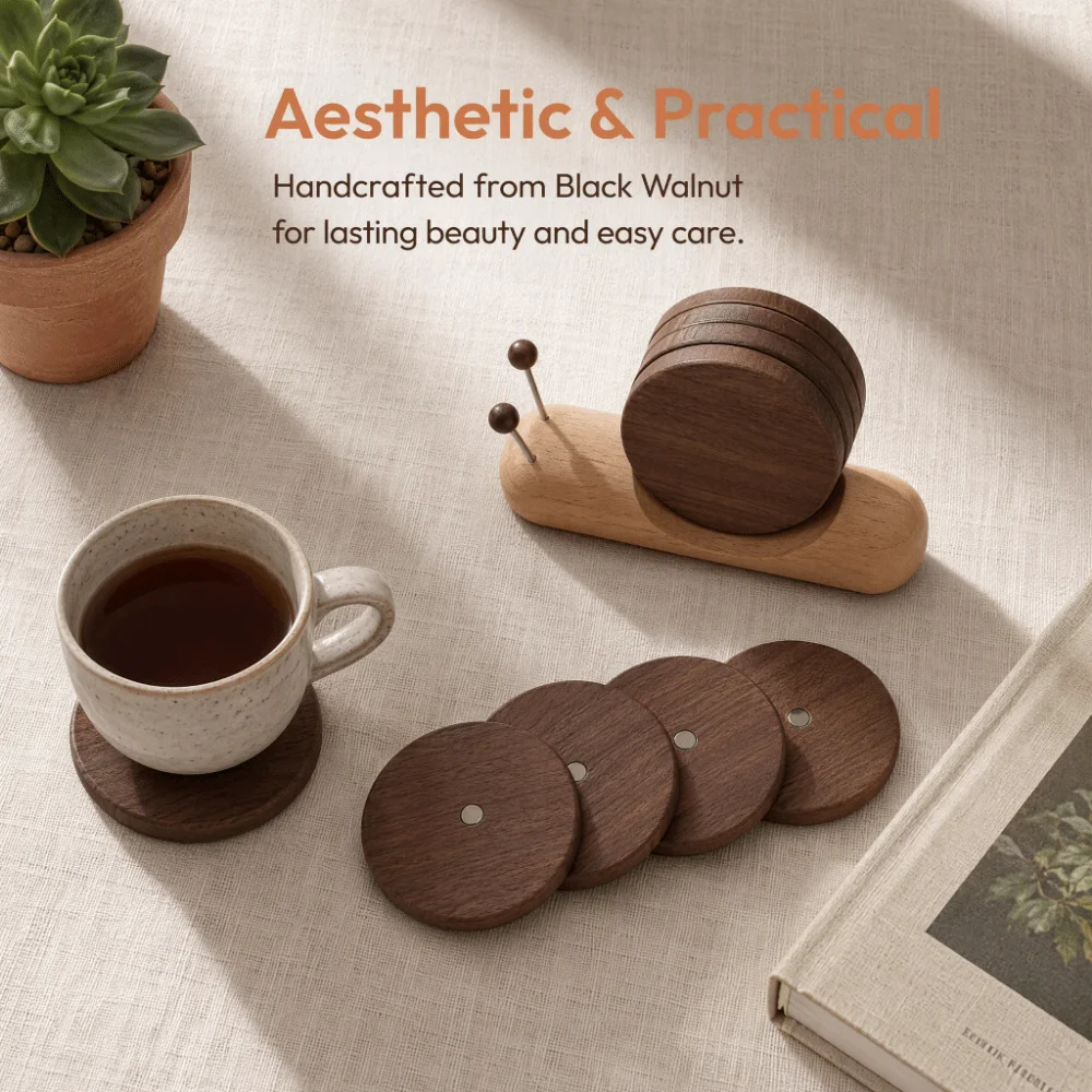 Non Slip Base Snail Coaster Set Heat Resistant Magnetic Attachment Snail Heat Insulation Pad Wooden Cute Snail Bowl Pad
