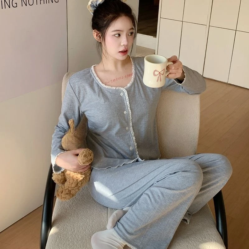 Spring Autumn Girls Student Long-sleeve Pants Loungewear Women Sleepwear Chest Pads Worn Outside Woman Casual Set Lady Homewear