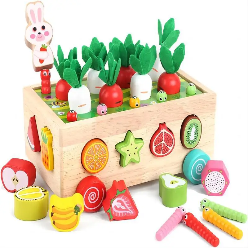 

Children's Educational Farm and Orchard Shape Building Blocks Matching Game with Bug-Catching and Carrot-Pulling Activity BoxToy