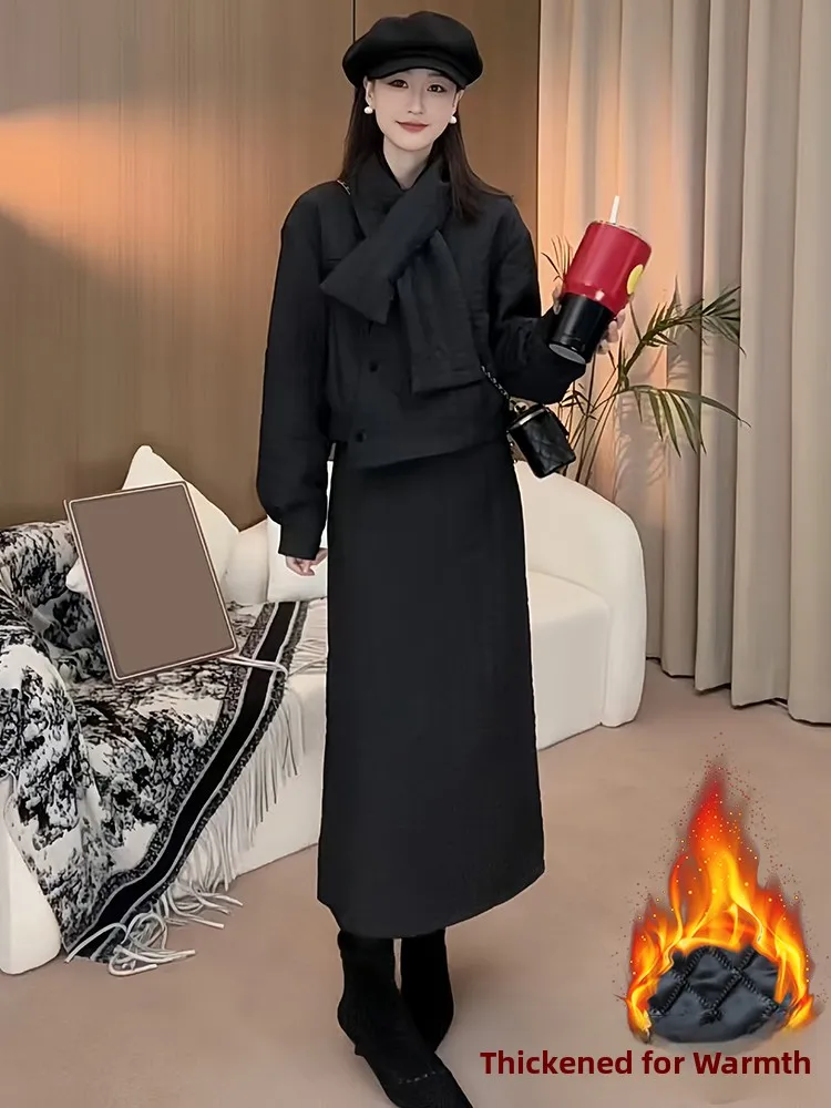 

Winter Faion Women's Tee-Piece Set Coat Scarf Collar Cotton Jaet Waist-Cinched Skirt Casual Wear Warm Thiened