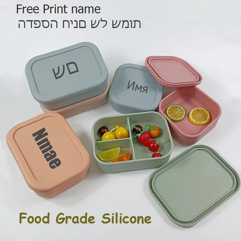 Silicone Lunch Box 3 Compartment Personalized Name Bento Box Leakproof Silicone Lunch Box Kids Divider Portable Picnic Food Box